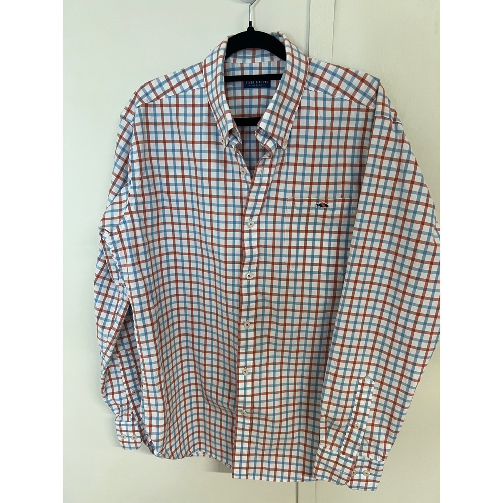Fish Hippie Mens Tailored Fit Button Down Shirt Blue Red Check Large L Stretch